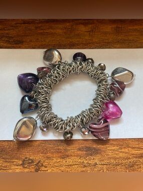 Silver Chain Mail Pink & Purple Heart Charm Bracelet